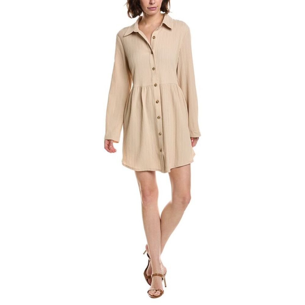 Pascale La Mode Womens Roll-Up Sleeve Mini Shirtdress, Beige